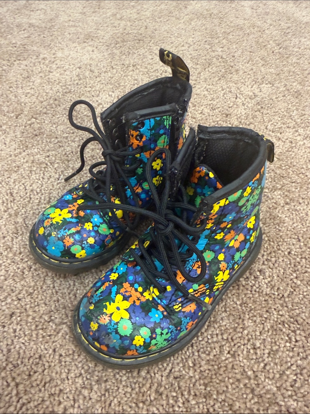 Dr. Martens Kids Floral Lace-Up Boots in Blue, Yellow, Green, Orange